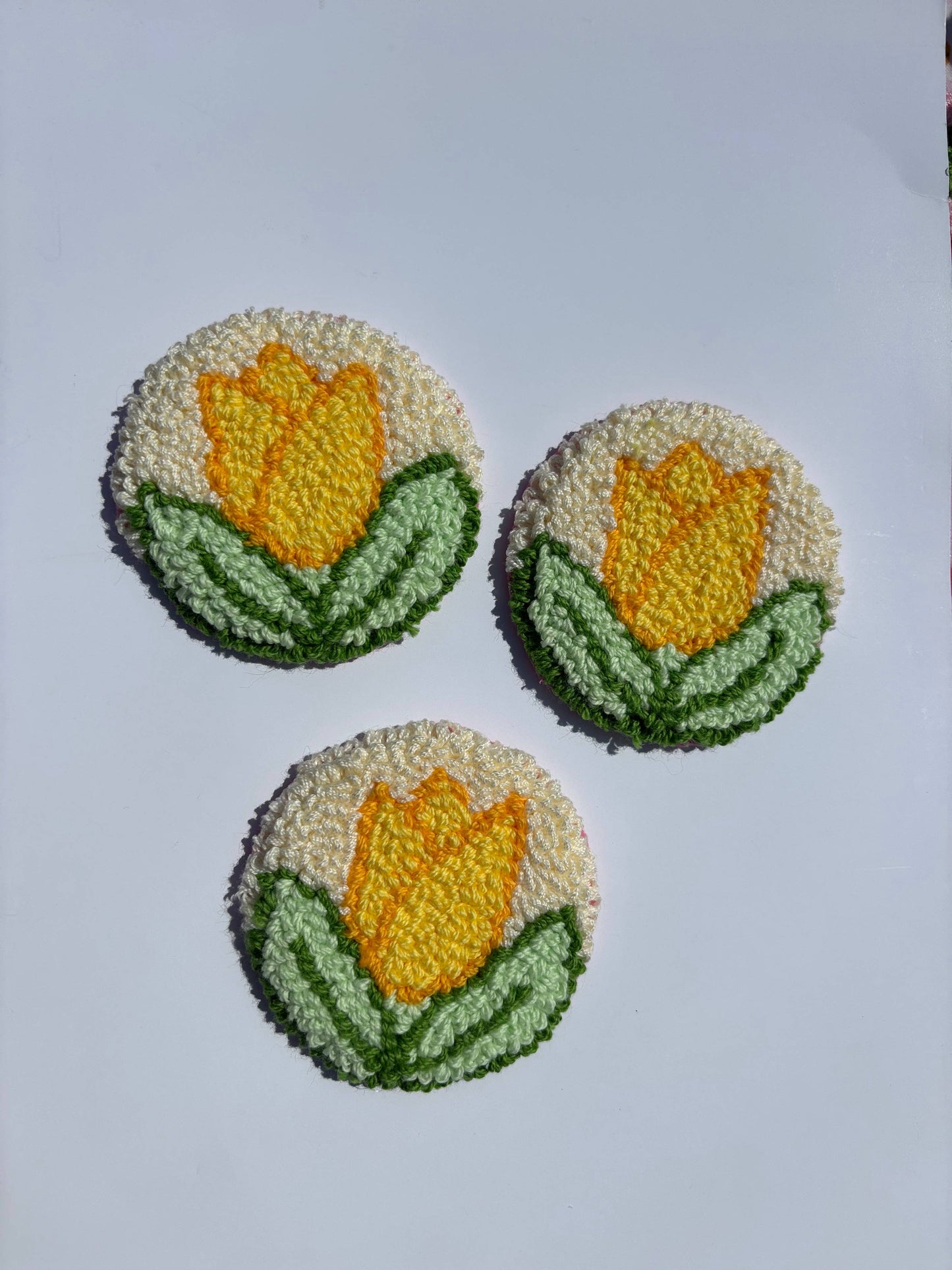 Handmade punch needle yellow tulip car coaster, accessories