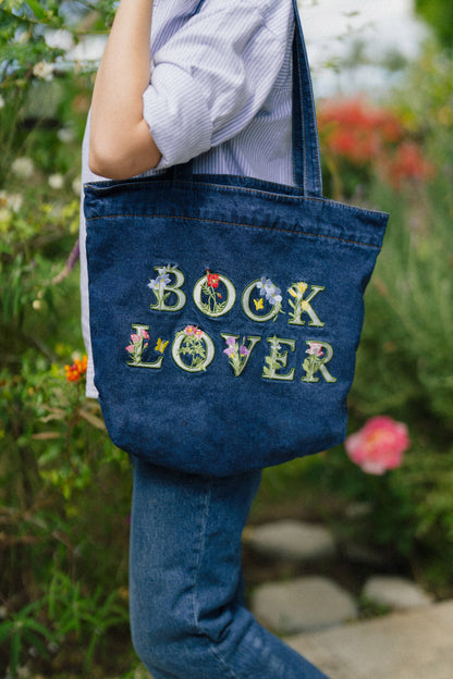 Embroidered Denim BOOK LOVER Tote Bag, Bookish, Book Bag