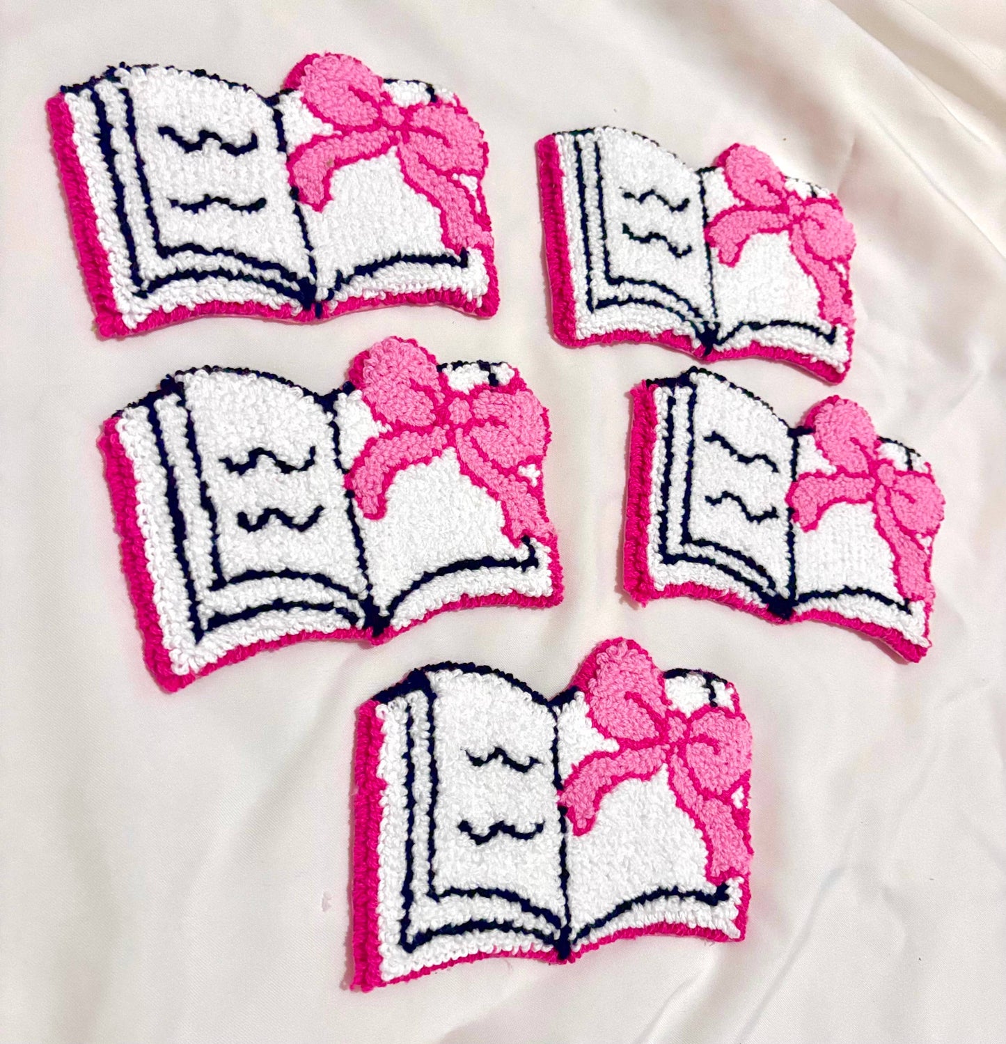 Handmade punch needle bookish mug rug, girly coasters