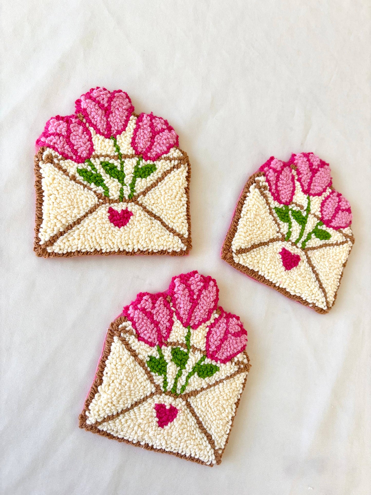 Handmade punch needle tulip heart envelope mug rug, coasters