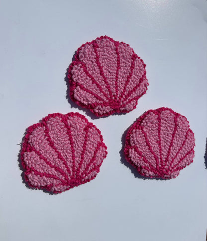 Handmade punch needle pink seashell car coaster