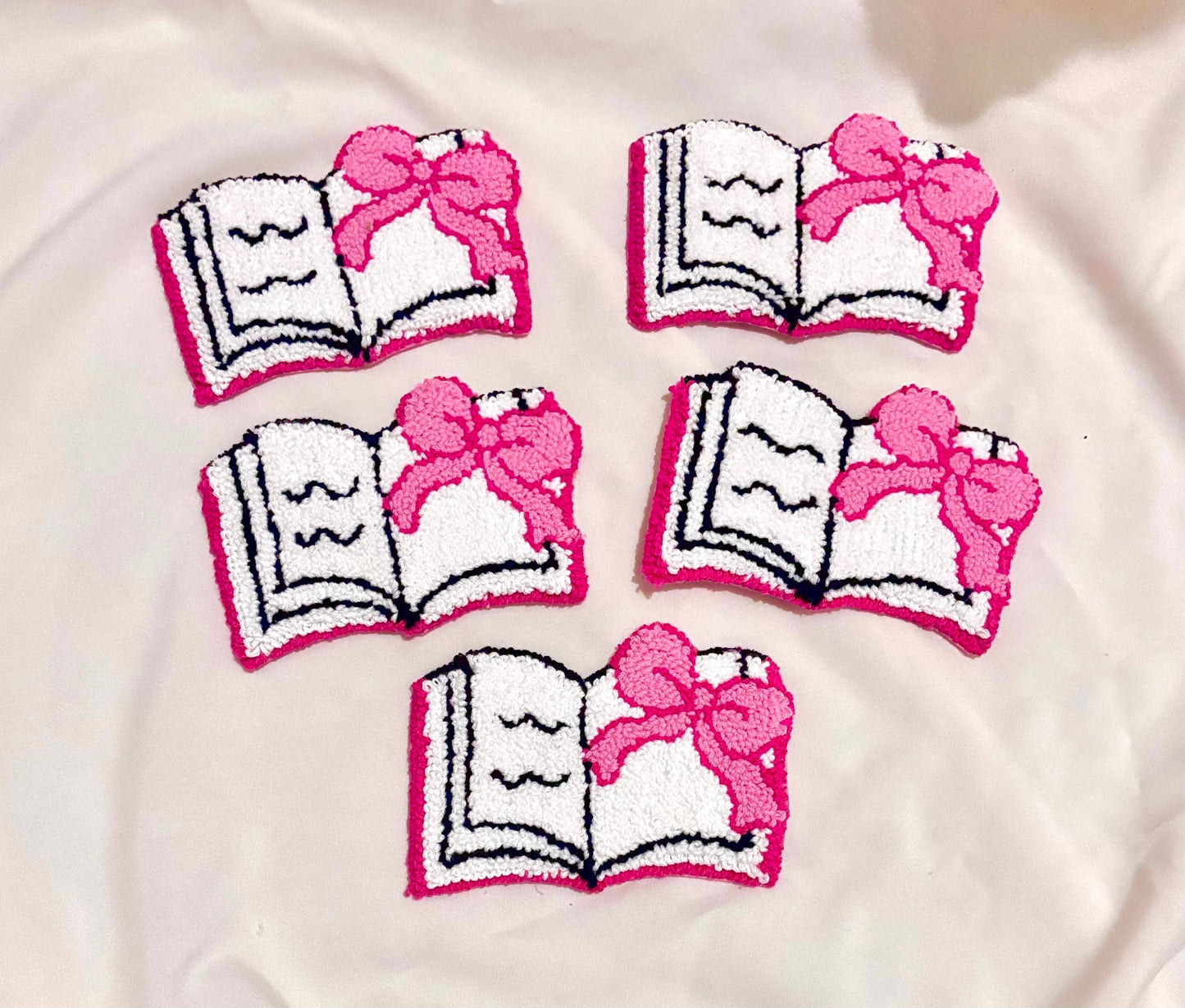 Handmade punch needle bookish mug rug, girly coasters