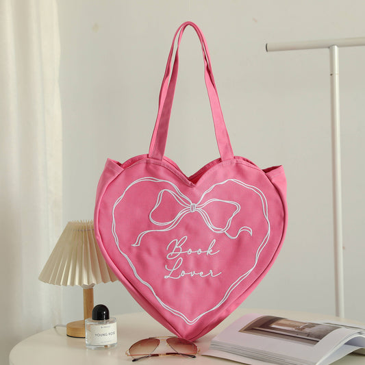 Book Lover Heart Embroidered Tote Bag, Reader Bag, Bookish: Pink