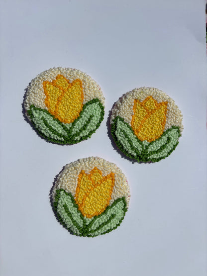 Handmade punch needle yellow tulip car coaster, accessories 