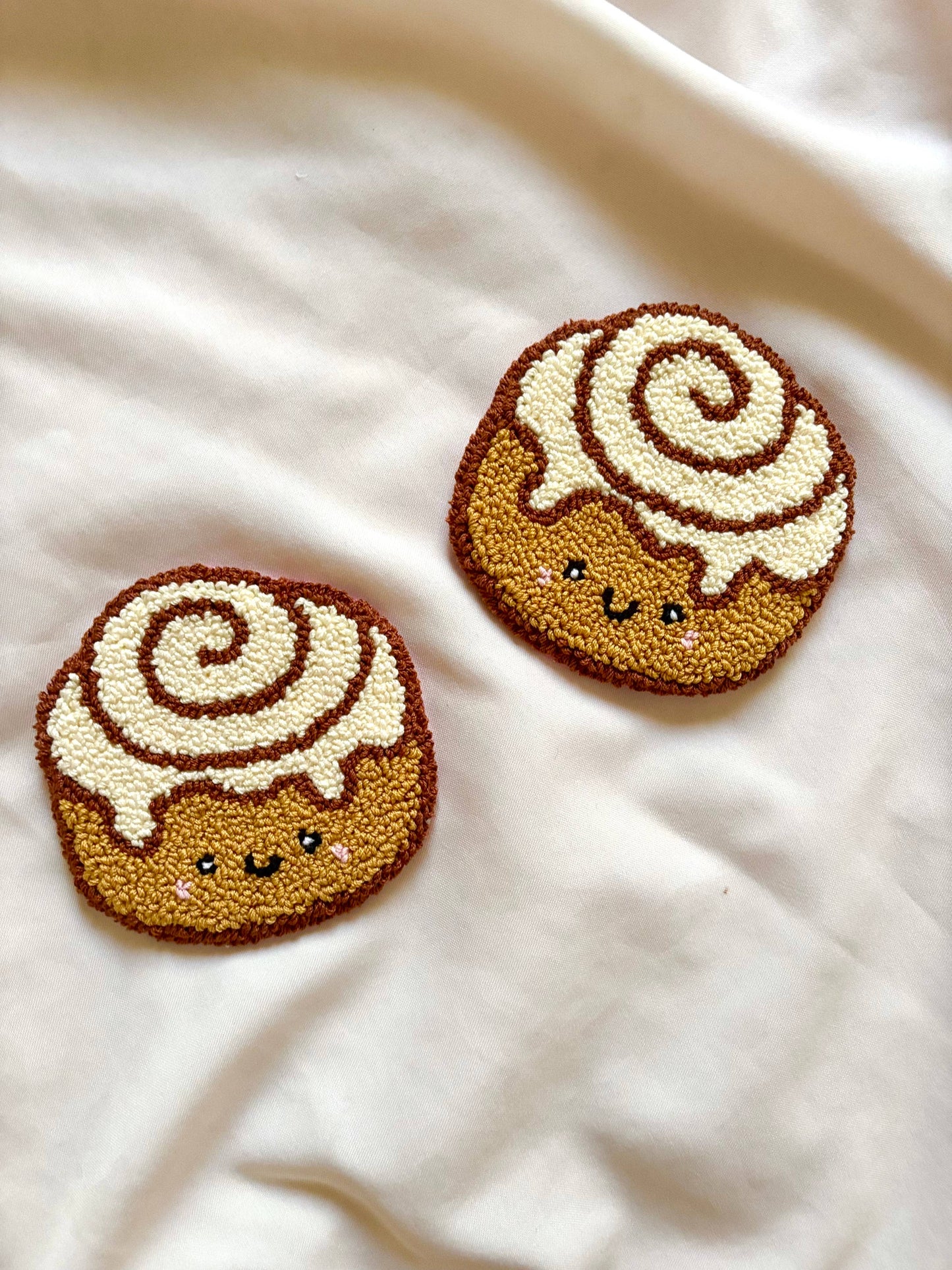 Handmade punch needle cinnamon roll mug rug, tufted coasters