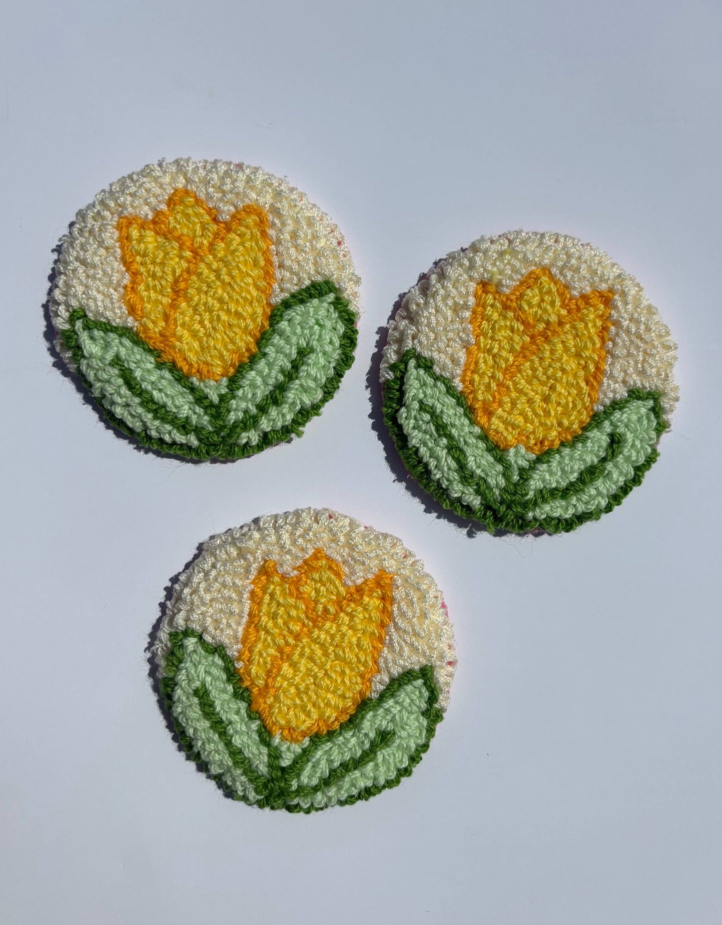 Handmade punch needle yellow tulip car coaster, accessories 