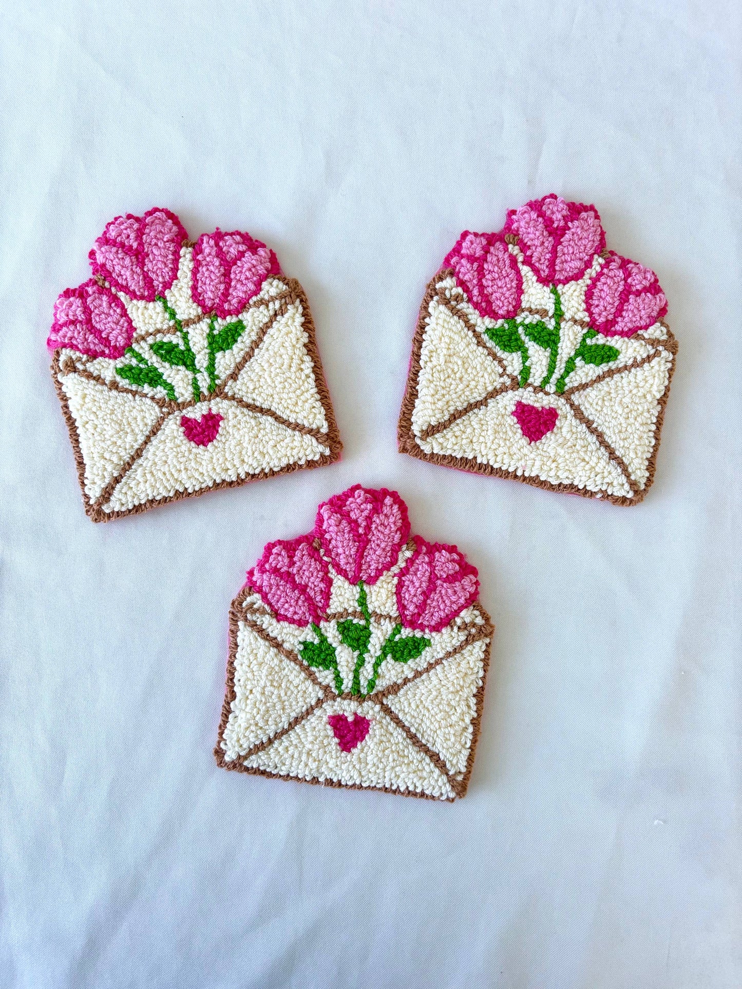 Handmade punch needle tulip heart envelope mug rug, coasters