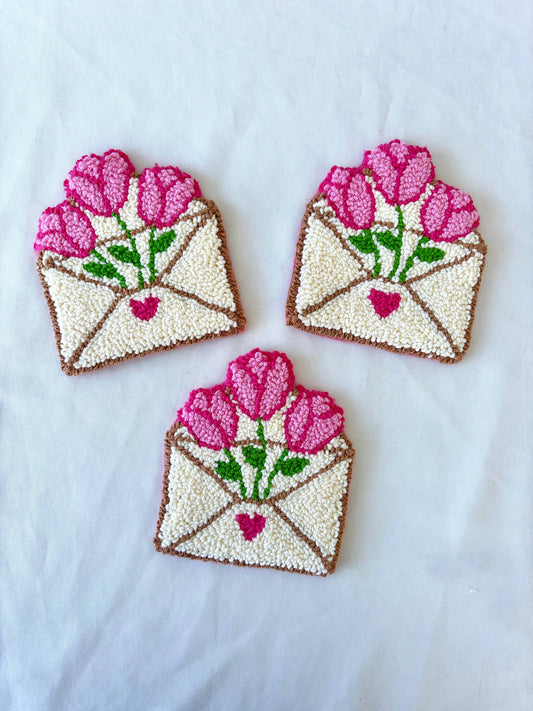 Handmade punch needle tulip heart envelope mug rug, coasters