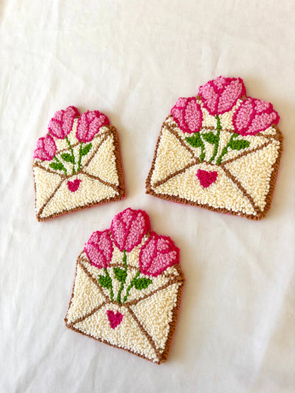 Handmade punch needle tulip heart envelope mug rug, coasters