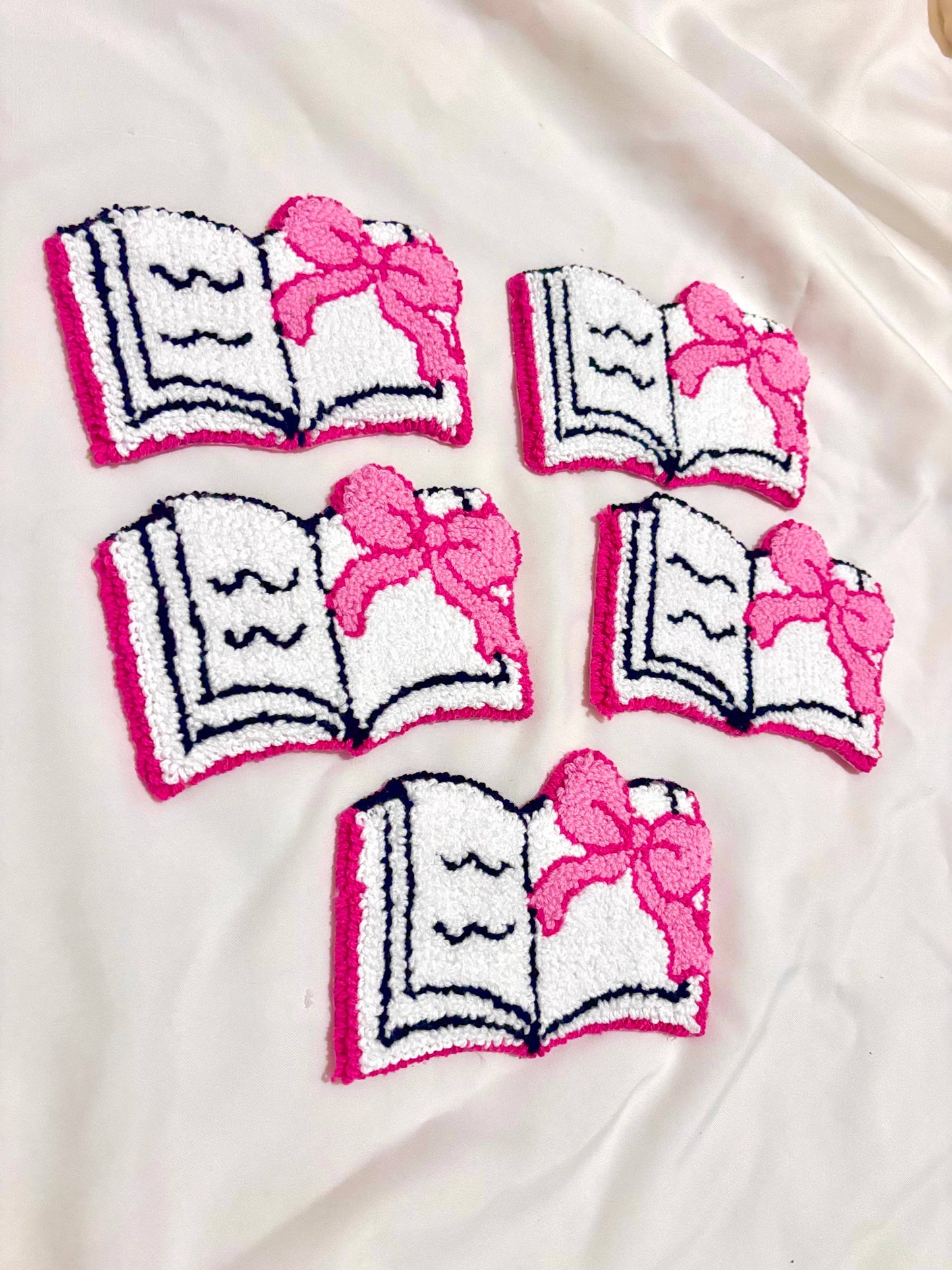 Handmade punch needle bookish mug rug, girly coasters