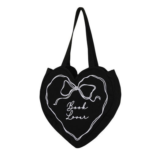Book Lover Heart Embroidered Tote Bag, Reader Bag, Bookish: Black