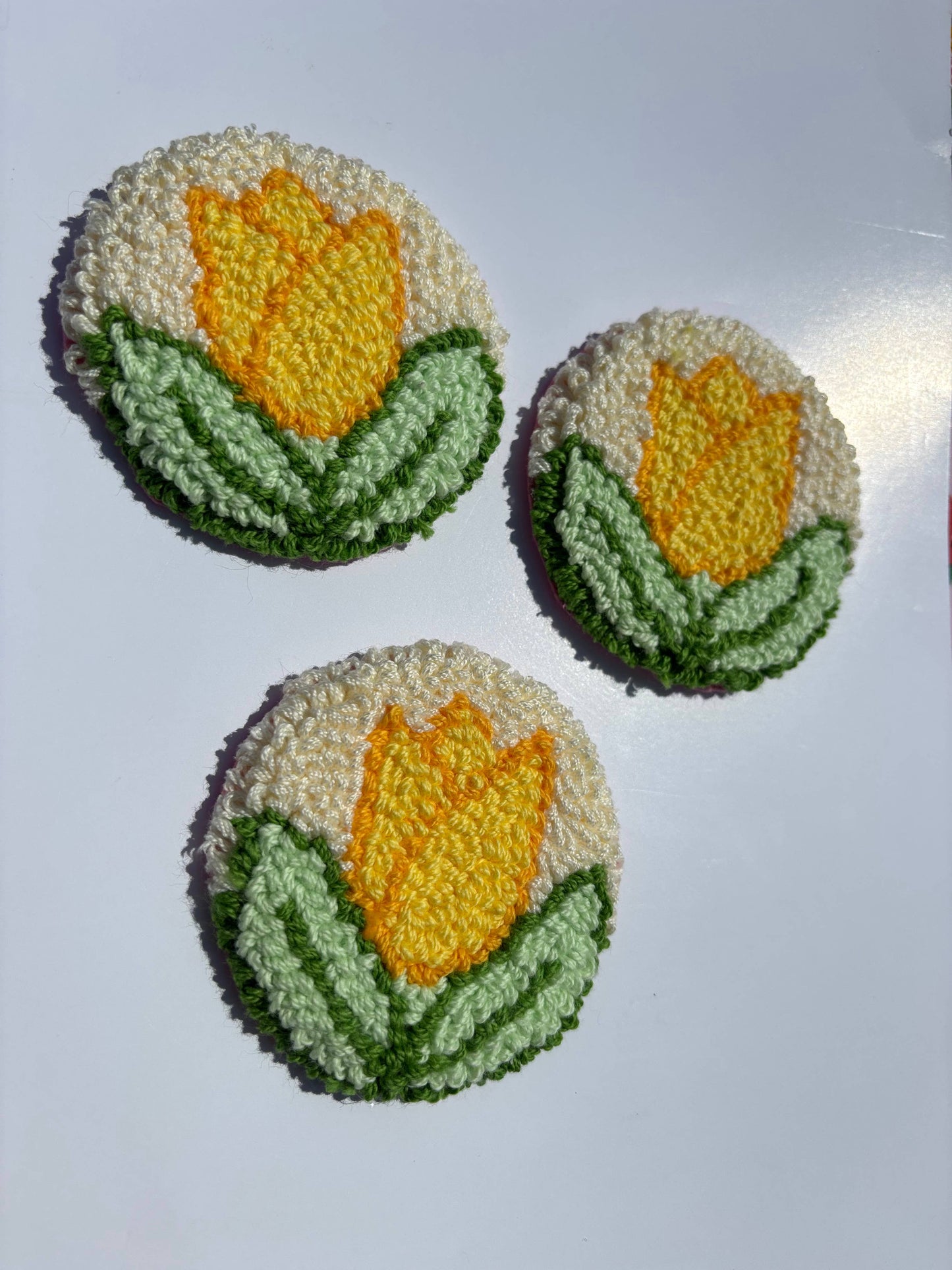 Handmade punch needle yellow tulip car coaster, accessories 