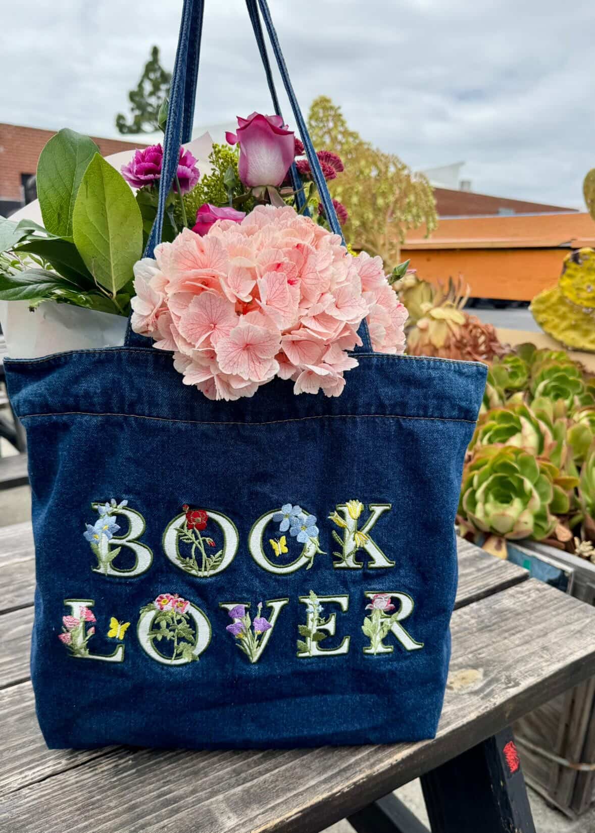 Embroidered Denim BOOK LOVER Tote Bag, Bookish, Book Bag