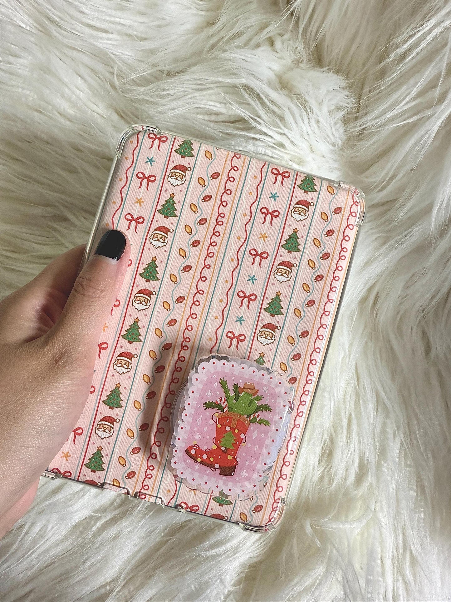 Christmas Stocking e-reader Grip | Festive Kindle Grip | Holiday Santa & Tree Pattern | Cute Pink Christmas Aesthetic | Cowboy Christmas