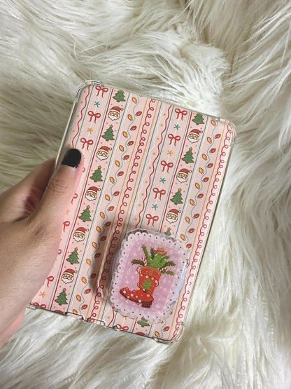 Christmas Stocking e-reader Grip | Festive Kindle Grip | Holiday Santa & Tree Pattern | Cute Pink Christmas Aesthetic | Cowboy Christmas