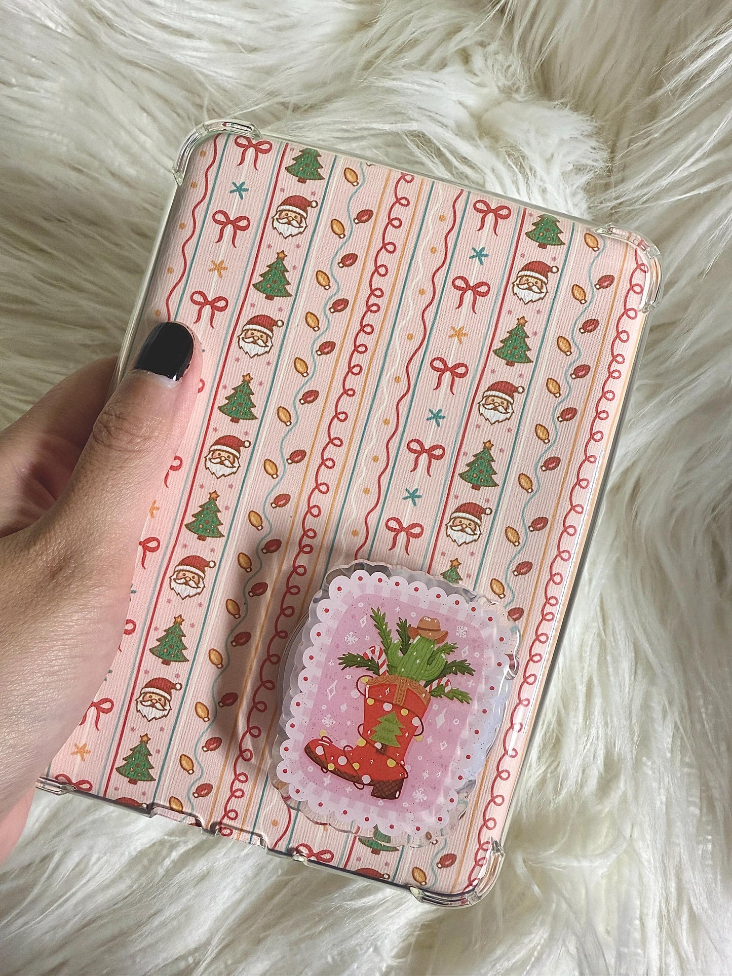 Christmas Stocking e-reader Grip | Festive Kindle Grip | Holiday Santa & Tree Pattern | Cute Pink Christmas Aesthetic | Cowboy Christmas