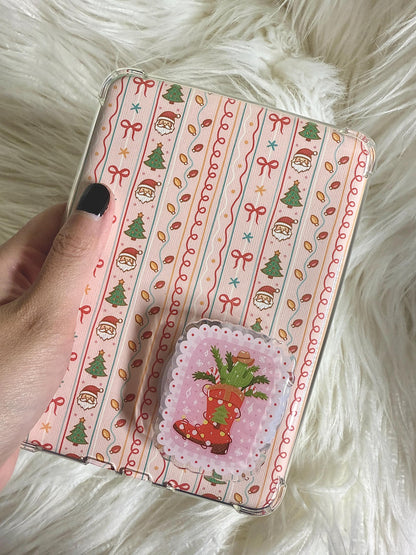 Christmas Stocking e-reader Grip | Festive Kindle Grip | Holiday Santa & Tree Pattern | Cute Pink Christmas Aesthetic | Cowboy Christmas