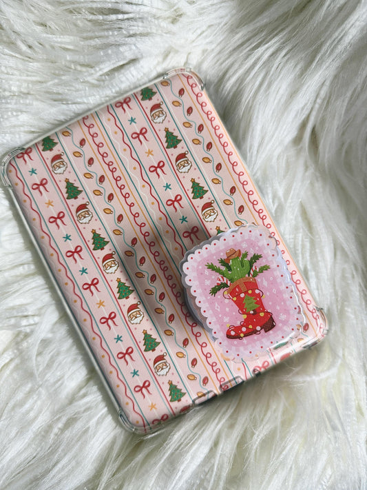 Christmas Stocking e-reader Grip | Festive Kindle Grip | Holiday Santa & Tree Pattern | Cute Pink Christmas Aesthetic | Cowboy Christmas