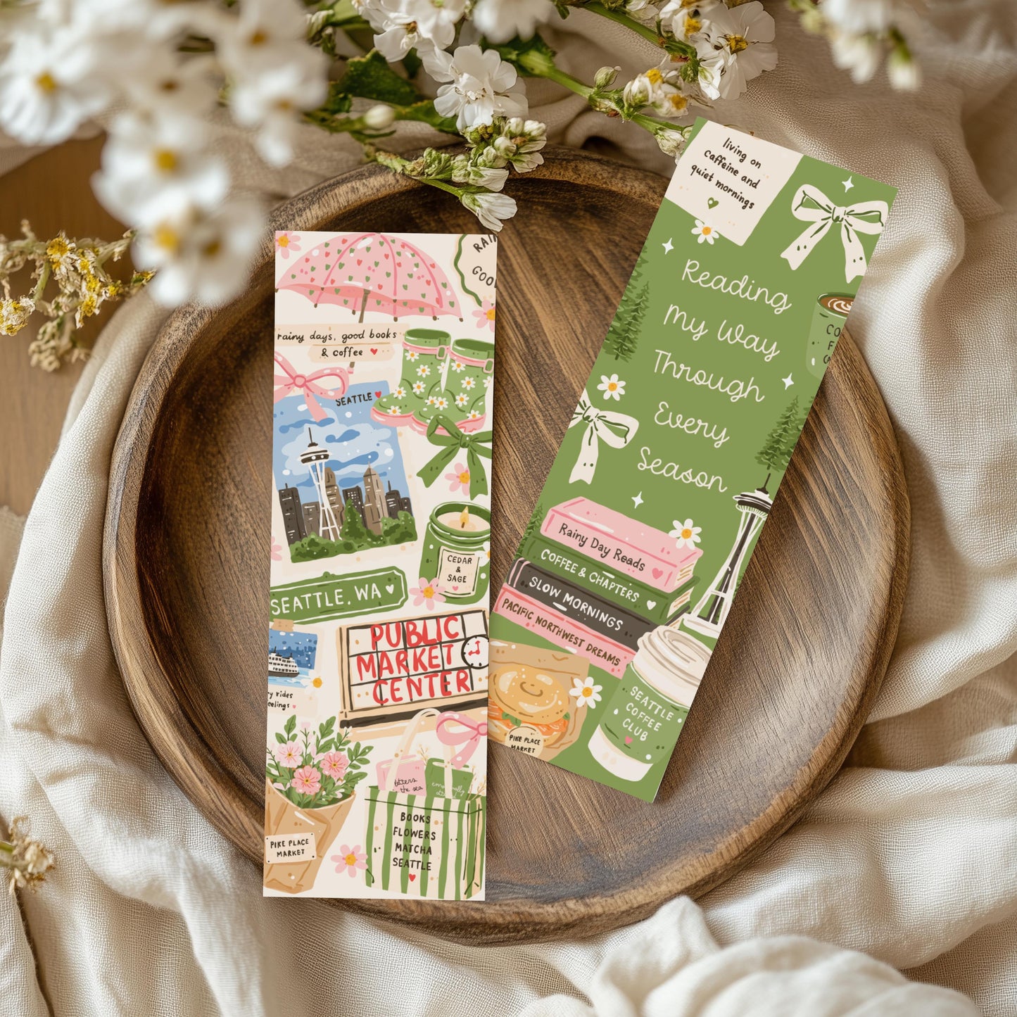 Seattle Pacific Northwest Bookmark, Double Sided, Public Market Center Book Merch, Cozy Rainy Day Reading Gift, Sage Green Coquette Bookmark