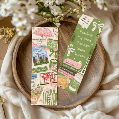 Seattle Pacific Northwest Bookmark, Double Sided, Public Market Center Book Merch, Cozy Rainy Day Reading Gift, Sage Green Coquette Bookmark