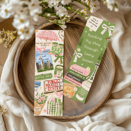 Seattle Pacific Northwest Bookmark, Double Sided, Public Market Center Book Merch, Cozy Rainy Day Reading Gift, Sage Green Coquette Bookmark