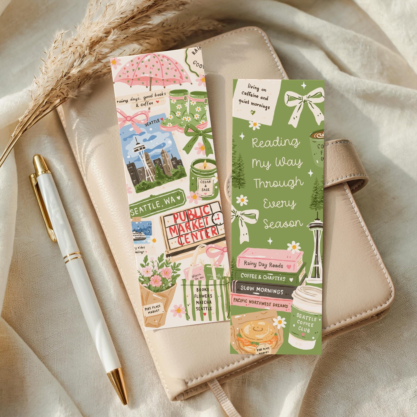 Seattle Pacific Northwest Bookmark, Double Sided, Public Market Center Book Merch, Cozy Rainy Day Reading Gift, Sage Green Coquette Bookmark