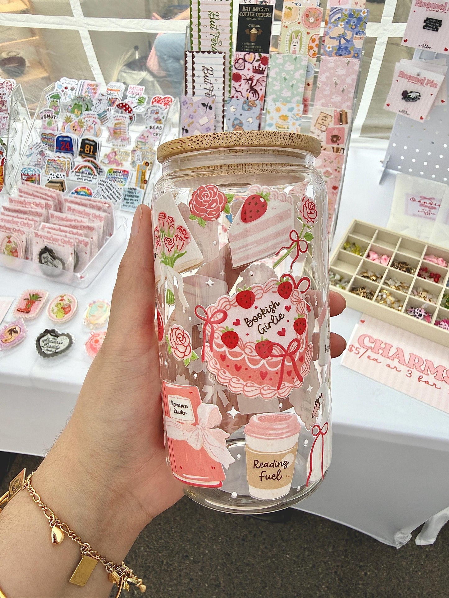 Bookish Girlie Glass Can Cup, Strawberry Cake and Coffee Tumbler, Cute Reading Aesthetic Cup, Romance Reader Gift