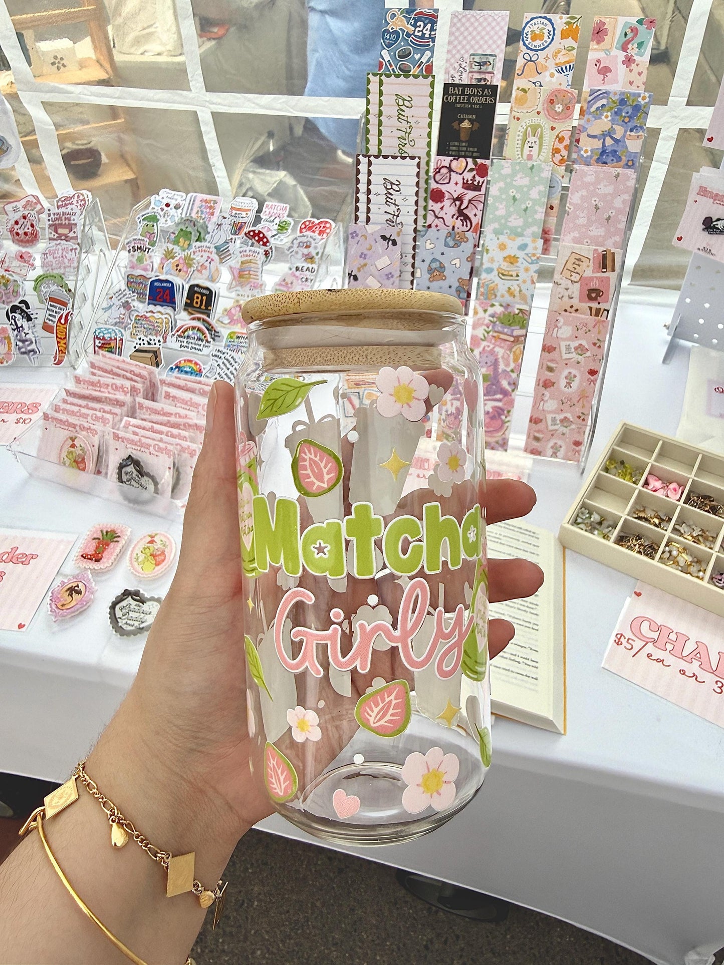 Matcha Girly Glass Can Cup, Matcha Lover Iced Latte Cup, Cute Aesthetic Matcha Cup with Flowers, Matcha Gift