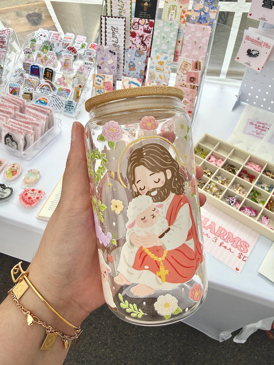 Faith Libbey Glass Can Cup, Jesus and Lamb Iced Coffee Cup, Religious Gift, Christian Aesthetic Mug with Bamboo Lid and Straw