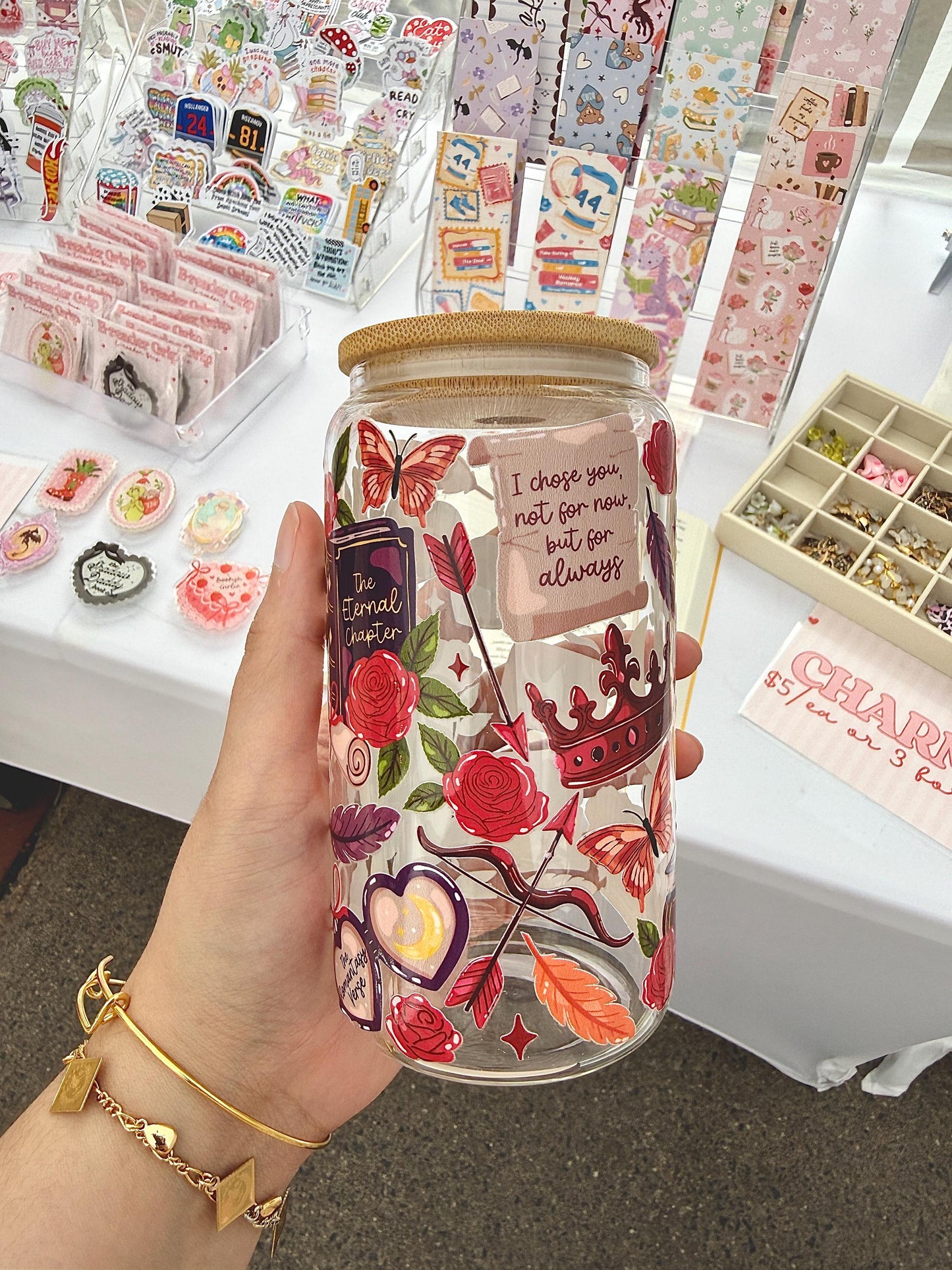 Romantasy Glass Can Cup, Bookish Aesthetic Iced Coffee Cup, "I Chose You" Reader Gift, Floral Crown and Sword Glass Cup