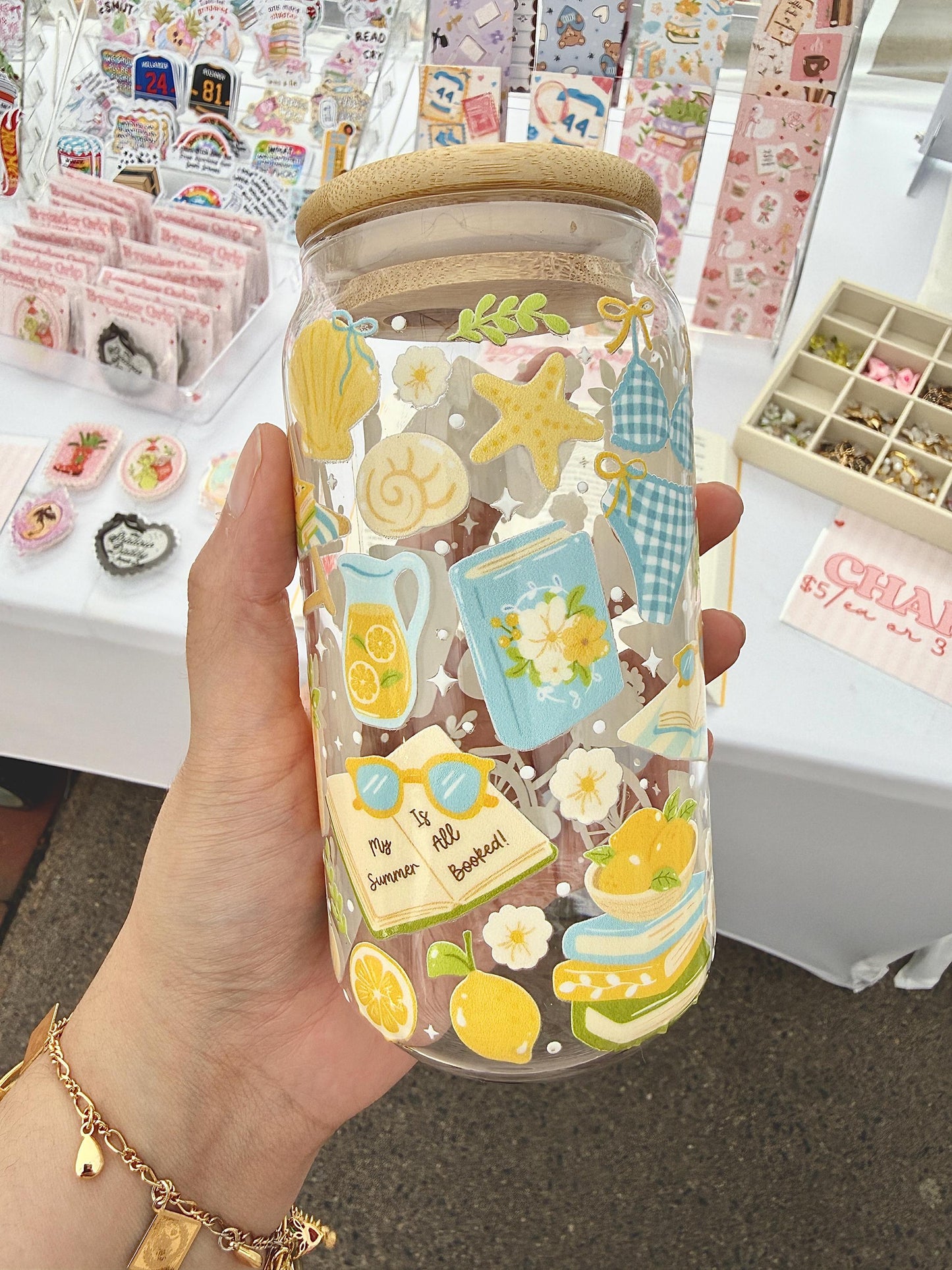 Summer Reading Glass Cup, Bookish Beach Vibes Iced Coffee Cup, Seasonal Reading Tumbler, Lemon and Sea Shell Glass Cup